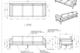 draft autocad upholstered furniture technical drawing,sofa armchairs plan render