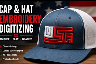 digitize your logo for cap, hat and beanie  embroidery in 2 hours