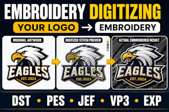 do embroidery digitizing into dst pes jef vp3 exp fast