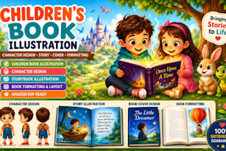 design children story book illustration, picture book, kids story book format