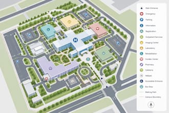 design hospital wayfinding, facility map, medical campus, clinic and vector map