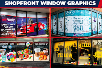 design storefront window graphics, shop sign, retail signage design in 24hours