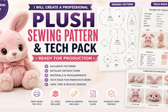 create a plush sewing pattern and tech pack ready for production