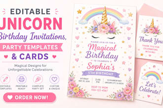 design editable unicorn birthday invitations and party templates design