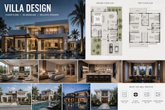 design luxury villa, house plans, floor plans and 3d renders