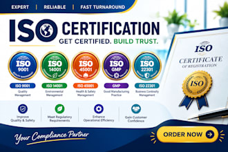 give iso 9001, 45001 , 14001, gmp, 22301 iso certification