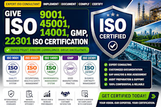 give iso 9001, 45001 , 14001, gmp, 22301 iso certification