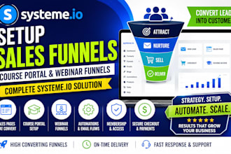 setup sales page funnel, course portal, build sales webinar funnels systeme io
