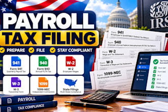 prepare and file payroll tax forms 941, 940, w2, w3, 1099 nec and state filings