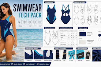 create swimwear, bikini, swimsuit, clothing tech pack and technical drawings