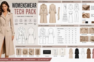 create womenswear, garment, fashion clothing tech pack and technical drawings