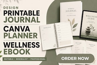 design printable journal, canva editable planner, minimalist wellness ebook