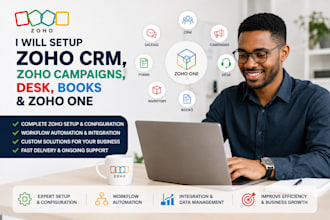 setup zoho CRM, zoho campaigns, desk, books and zoho one and zoho sites setup