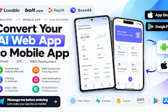convert your base44 lovable replit boltnew app to aws android play store ios app