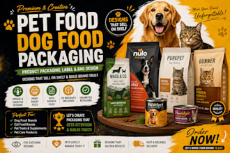 do pet food, dog food packaging, and product packaging, label and bag design