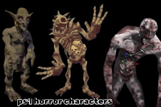 create creepy ps1 psx ps2 horror characters monsters low poly 3d models rig
