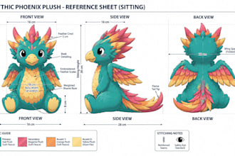 design custom plush toy, stuffed animal reference sheet and tech pack
