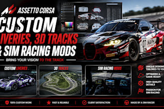 create custom assetto corsa liverires, 3d tracks, and sim racing mods