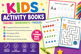 design kids activity books, tracing worksheets and puzzles