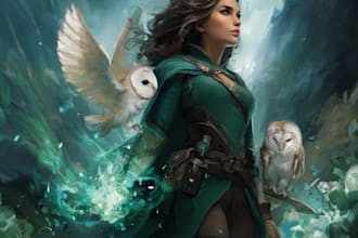 create epic fantasy scene and character artwork