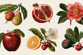 draw botanical illustrations of flowers, plants, fruits