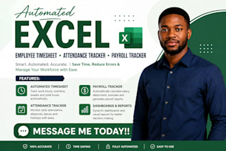 create automated excel employee timesheet, attendance tracker, payroll tracker