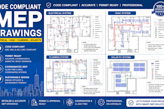 do code compliant mep drawing for electrical, hvac, plumbing and solar pv system
