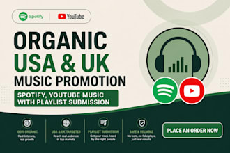 organic usa uk music promotion, spotify, youtube music with playlist submission