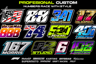 create modern racing numbers for jersey, bike, car, kart and simracing for your