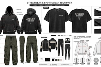 create tech pack for streetwear, hoodie, t shirt, cargo pants and sportwear