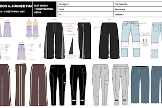 design custom pants tech pack, denim jeans flat sketch