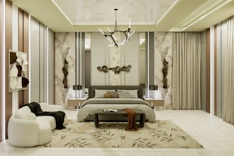 do 3d interior design of bedroom walk in closet and washroom