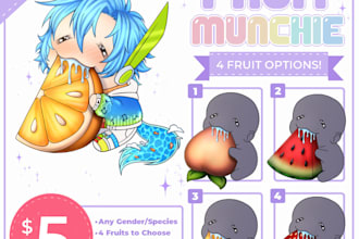 draw your oc in a cute chibi ych eating a piece of fruit