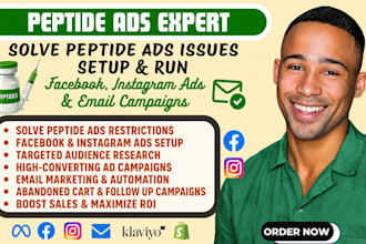 solve peptide ads issues, setup and run peptide fb ig ads, setup email campaigns
