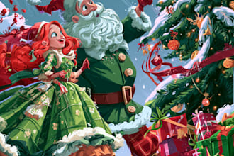 draw professonal christmas cartoon illustration, concept art