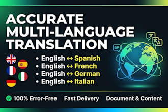accurately translate english to spanish, french, german or italian