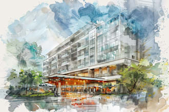 sketch architecture building with watercolor rendering