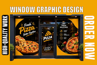 design a modern storefront, window graphic, shop front and signage