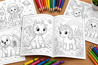 create kids coloring book illustration , line art and printable coloring pages