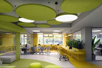 buildup biophilic commercial work space, zoned office layout, vray rendering