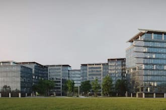 reinvigorate realistic 3d glass facade office, cgi commercial high rise building