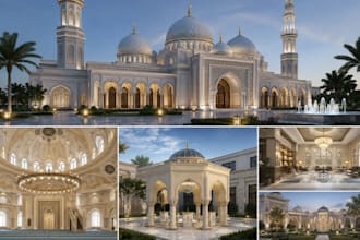 design 3d interior and exterior mosque, islamic center, masjid, ablution space