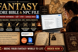 fantasy lore bible poetry notebook npc file google docs on amazon kdp etsy shop