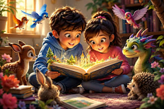 children story book illustration, cartoon kids book art and cover story book