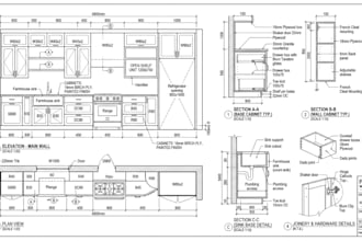 create detailed kitchen cabinet shop drawings for fabrication