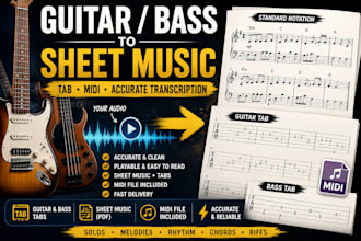 transcribe guitar or bass to sheet music, tabs and midi
