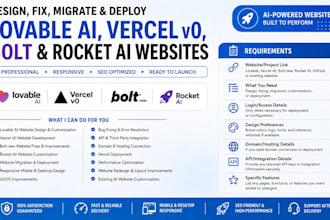 deploy, fix, design and migrate lovable ai, vercel v0, bolt, rocket ai website