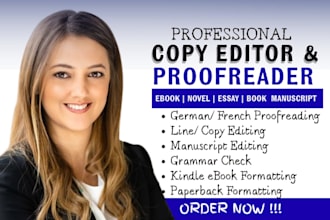 proofread copy edit translate french german ebook novel grammar check text book