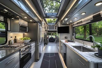 render 3d exterior caravan, interior camper van, sprinter van, 2d rv carbin home