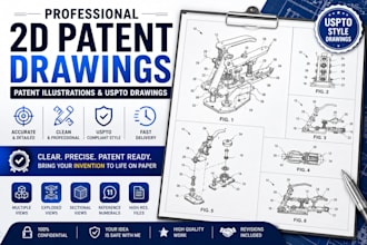 draw 2d patent drawing, product patent drawing, utility patent, design patent